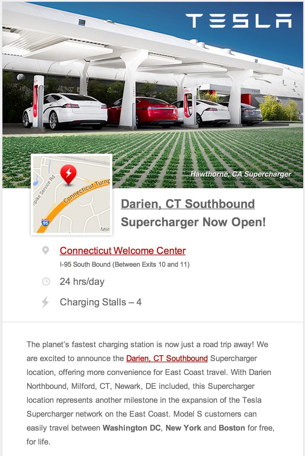 Darien, CT Tesla Supercharger now open Electrek