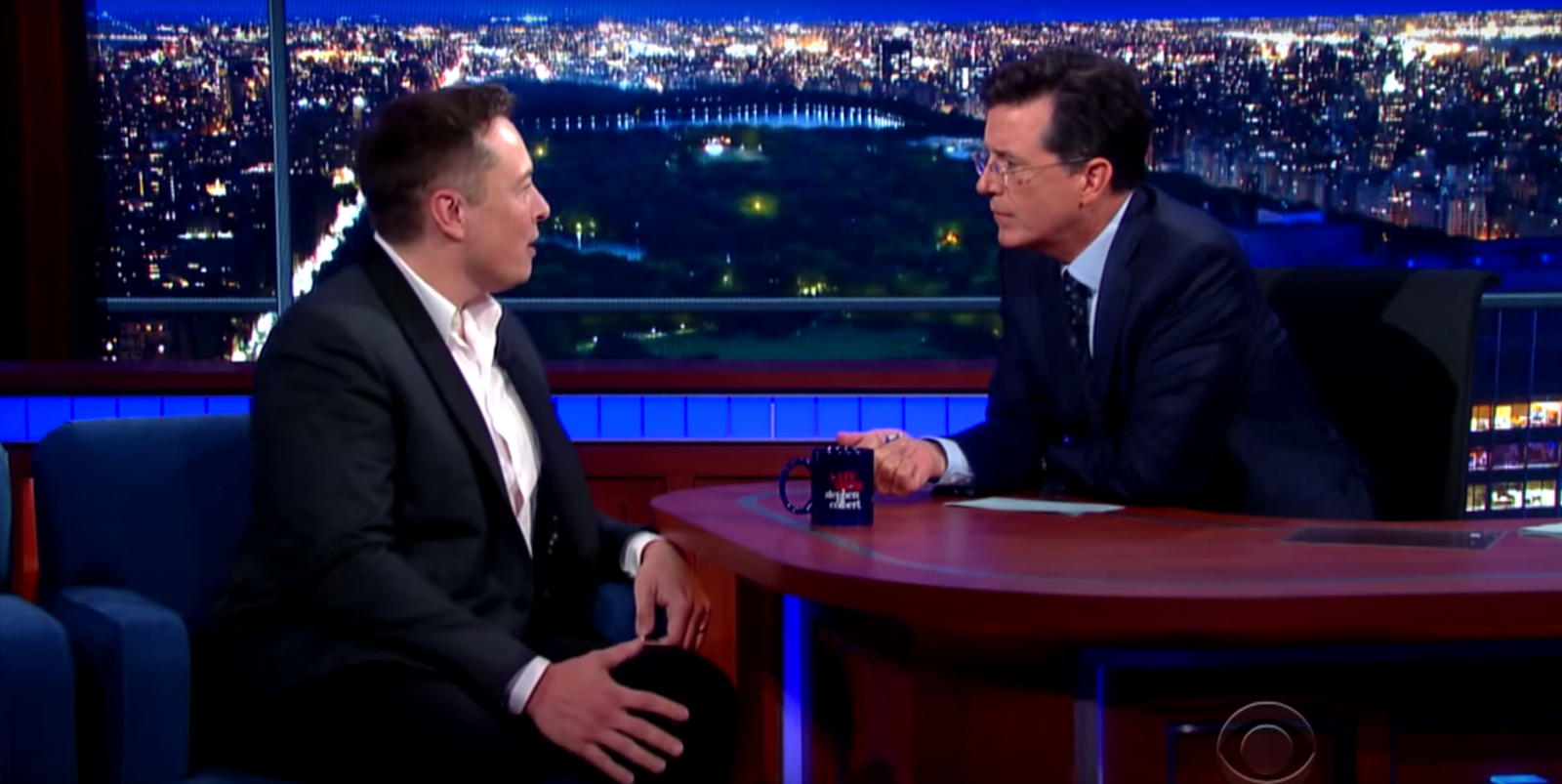 tesla ceo elon musk appears on colberts late show talk about nuking mars video