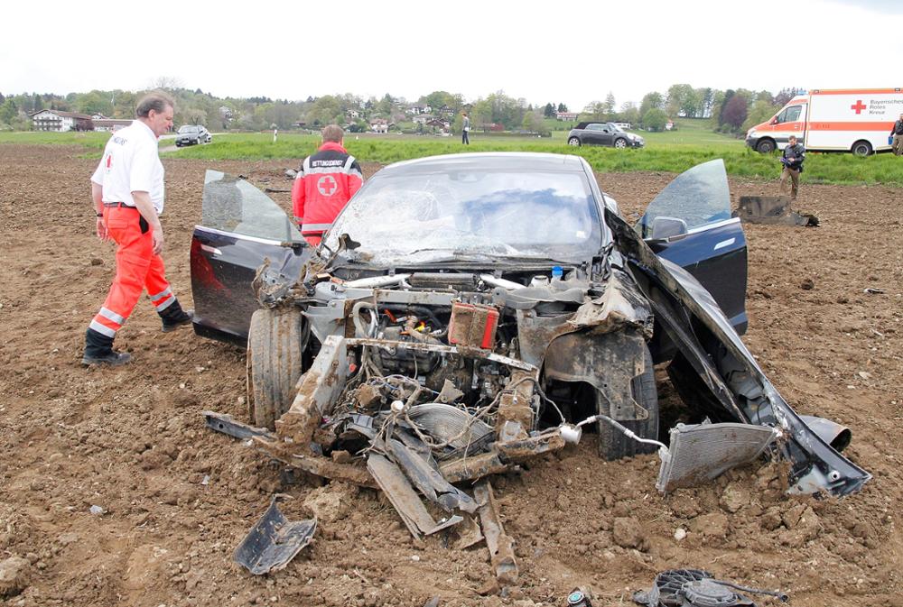 Spectacular Tesla Model S crash after flying 82+ft in the air shows