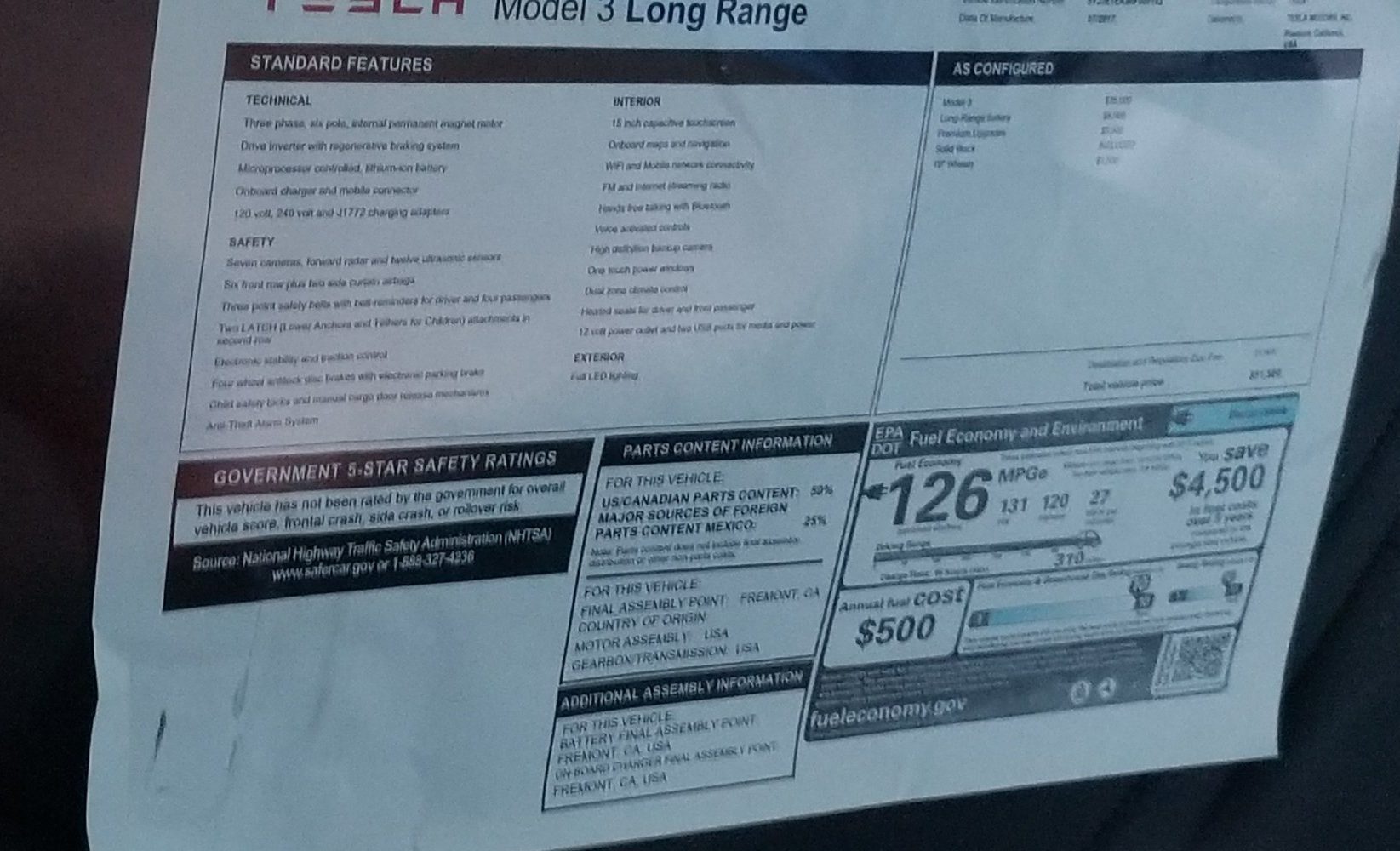 Tesla Model 3 Long Range version gets leading '126 MPGe' efficiency