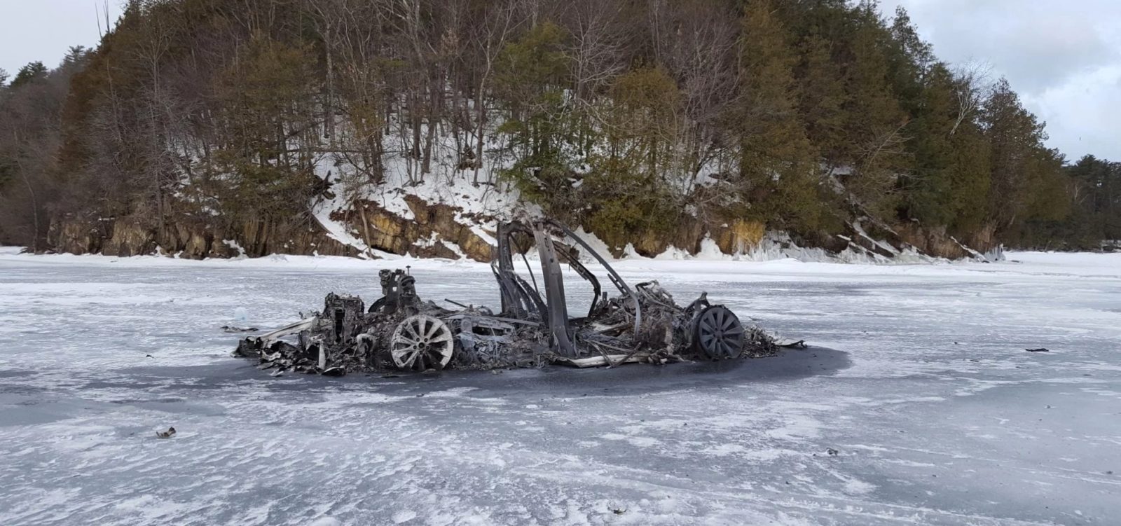 Tesla Model X fire frozen lake