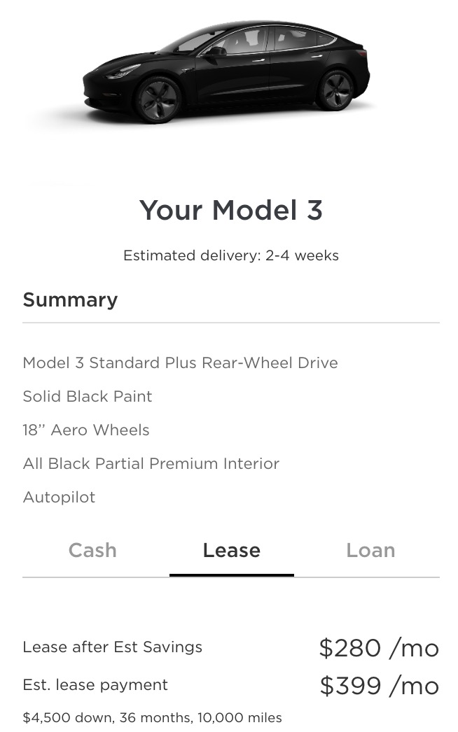 Tesla slashes Model 3 monthly lease payment to 399, but increase cash