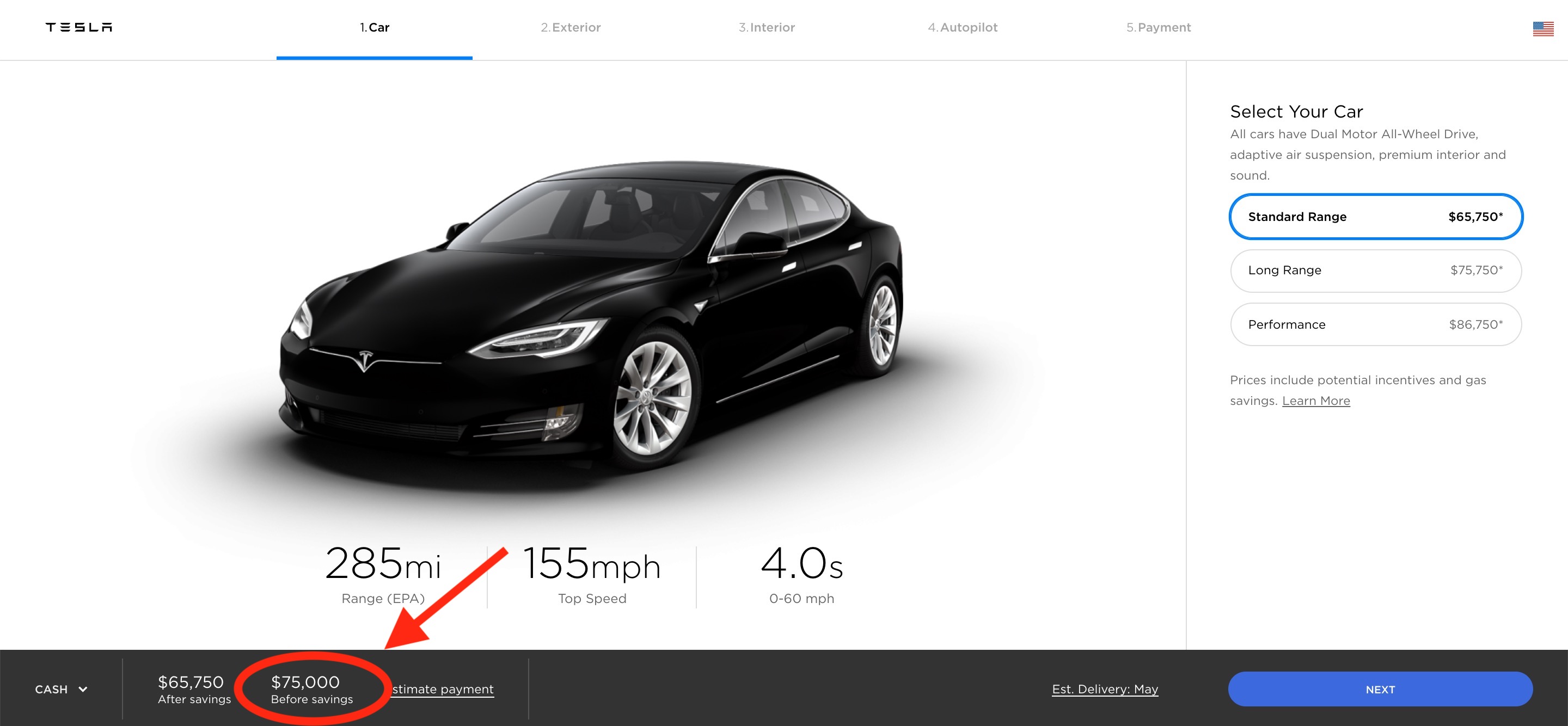 Tesla model online s base price