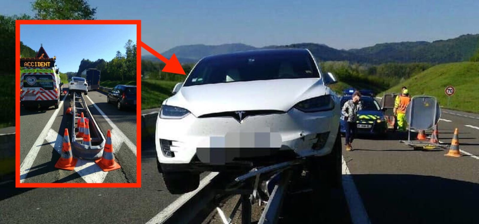 photo of Tesla Model X ‘flies off’ guard rail, ends up in funny balancing act on battery pack image