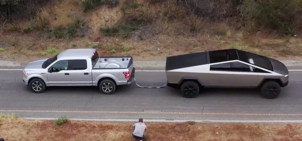 Watch Tesla Cybertruck In Tug Of War Against Ford F150 And