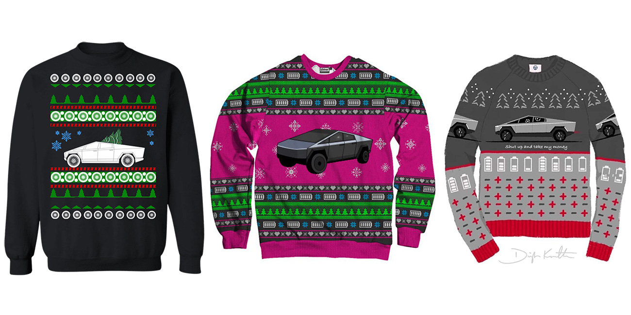 Tesla CyberTruck ugly Christmas sweaters