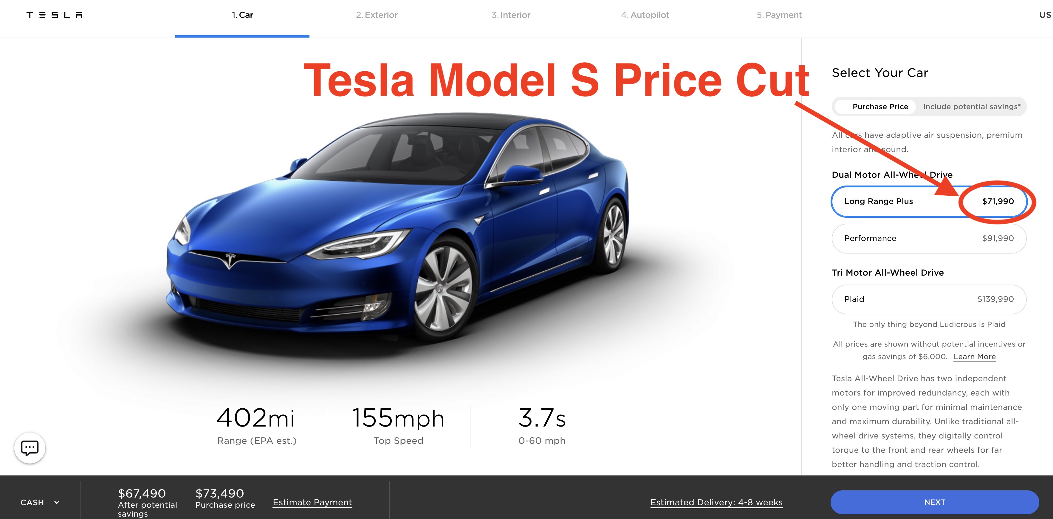 Tesla, 매출 하락으로 Model S 가격 3,000 달러 인하