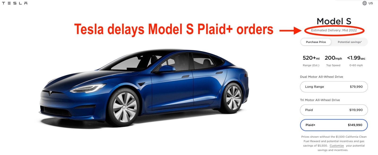 Tesla delays new Model S Plaid Plus orders to 'mid-2022
