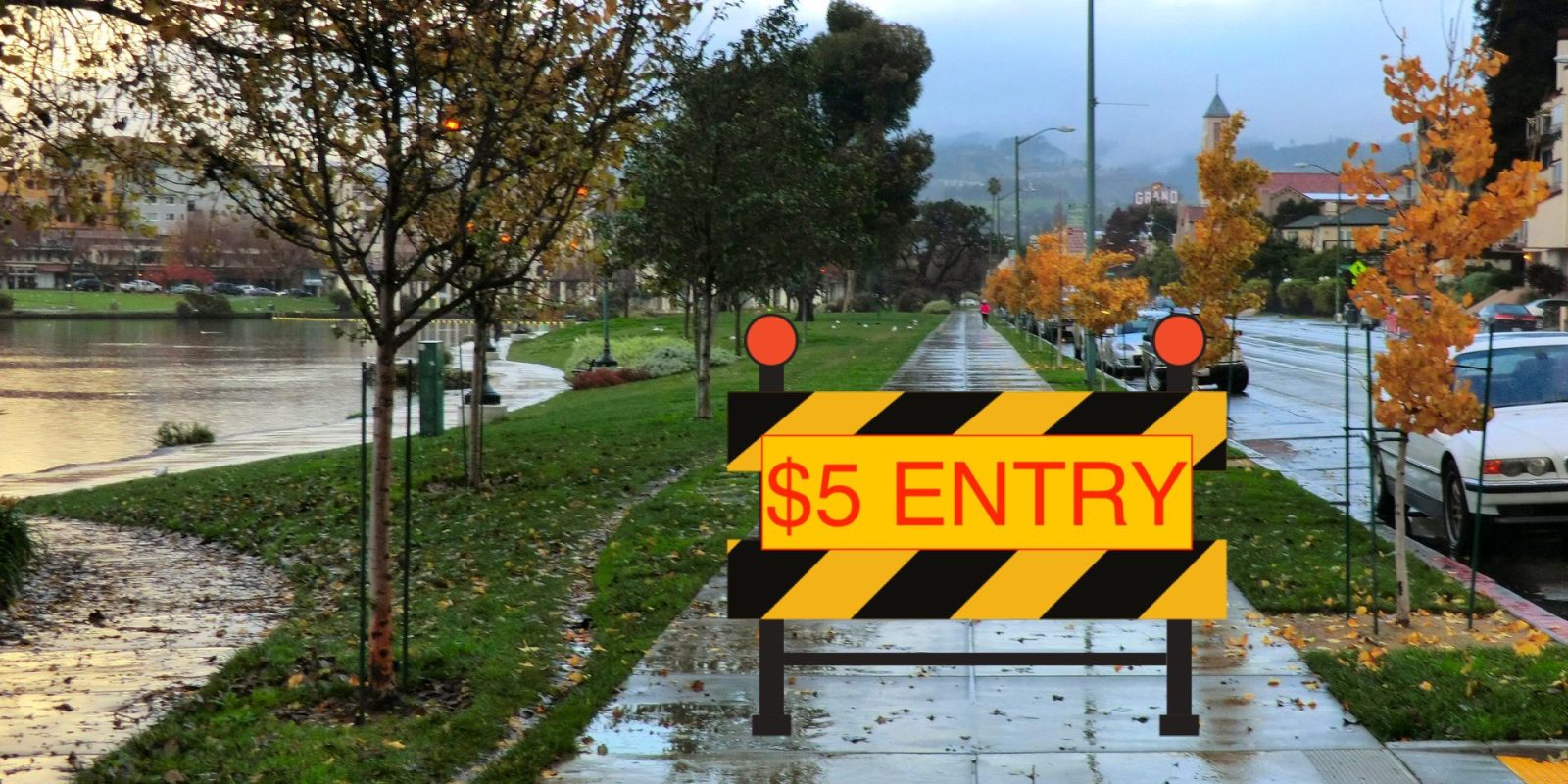 rainy sidewalk no entry tax