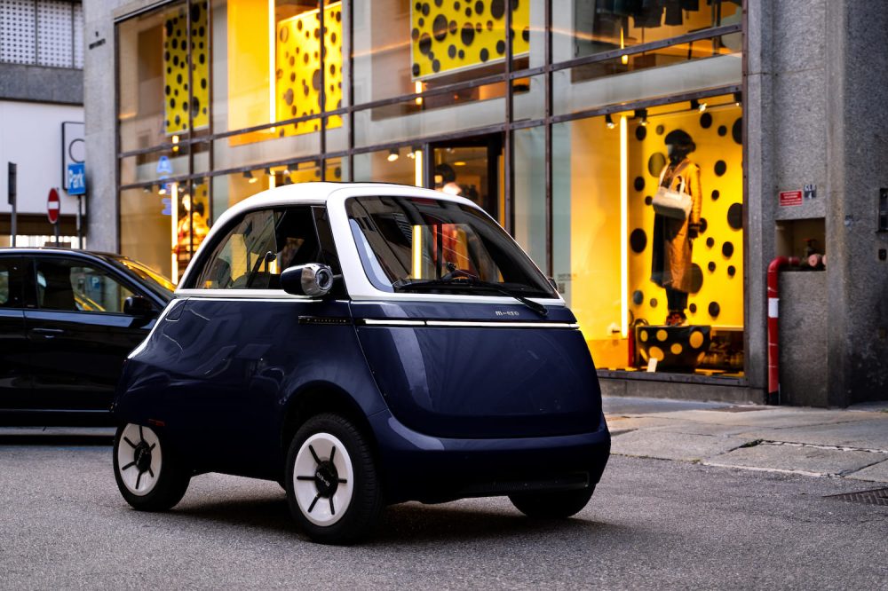 small, electric microlino car soon to be driving along european