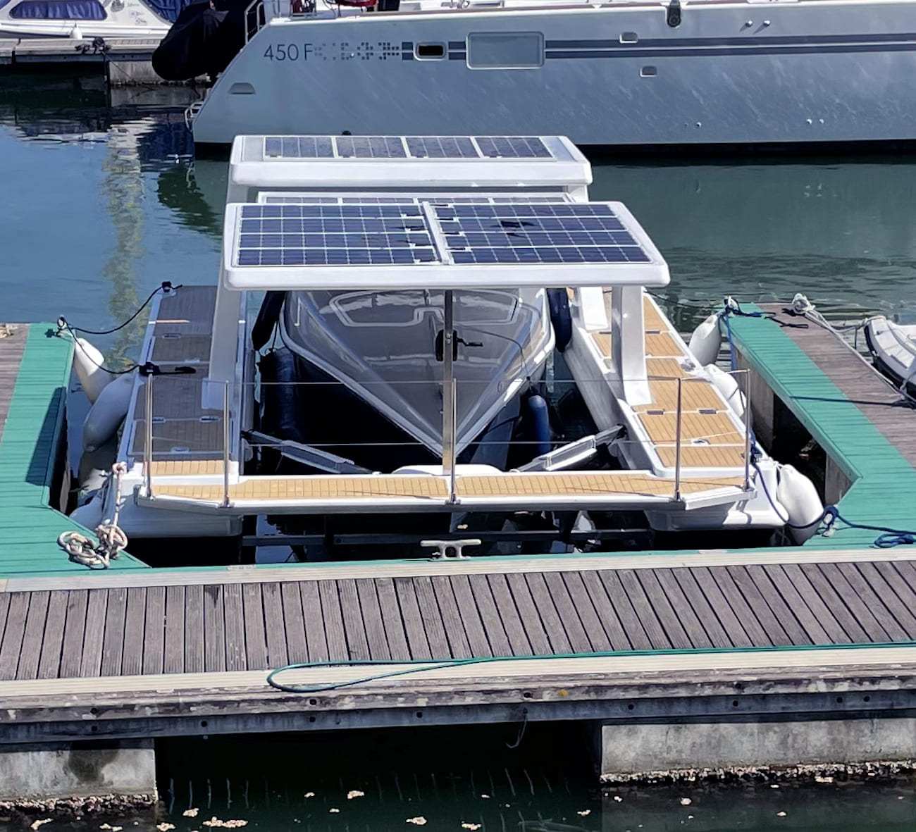 The floating solar PowerDock can recharge electric boats off-grid