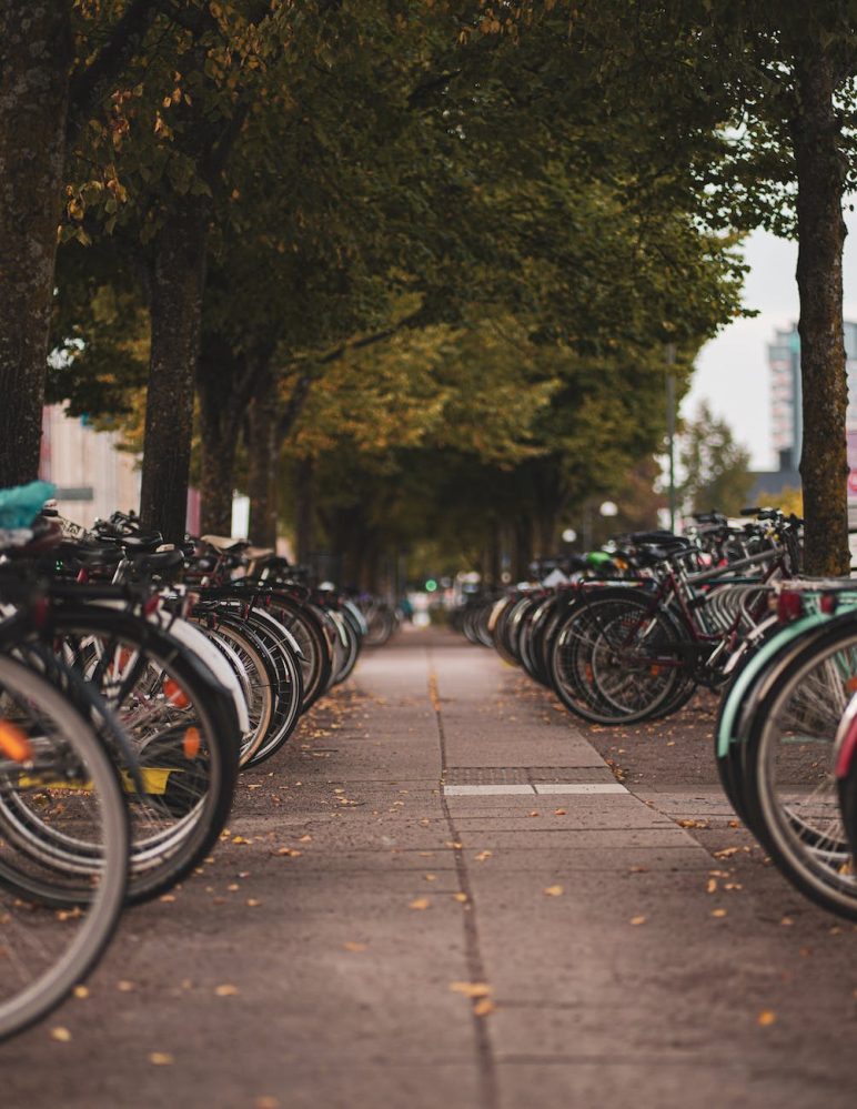 bikes parked along sidewalk in city