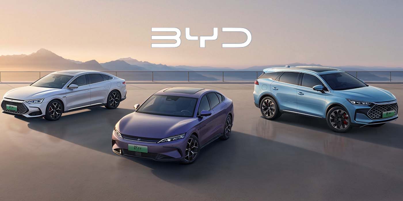 A fleet of BYD electric vehicles lined up in Shenzhen, representing the company's global sales lead over Tesla.