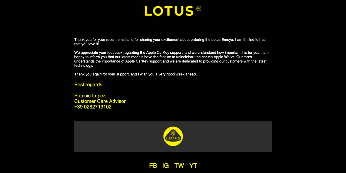 Lotus confirms Car Key controlled from iPhone or Apple Watch