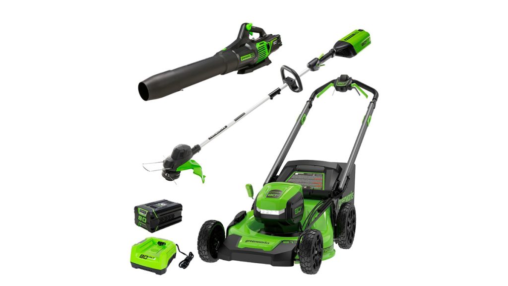 Greenworks 3-tool combo showing the 80V 21-inch lawn mower, 13-inch string trimmer, and 730 CFM leaf blower