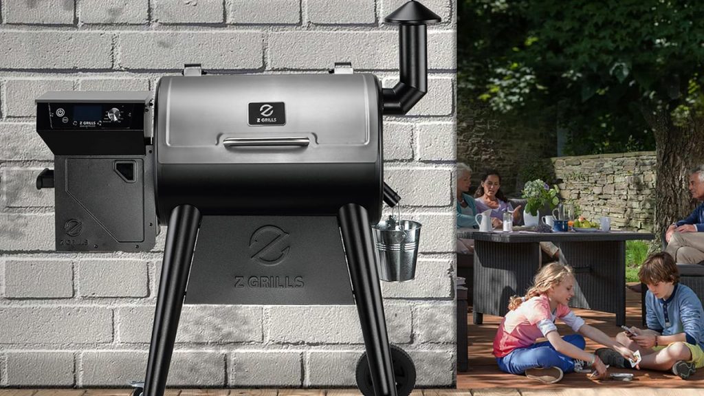 Z GRILLS 2023 450E pellet grill and smoker outside on porch surrounded by people on post for EGO Power+ electric mini bike