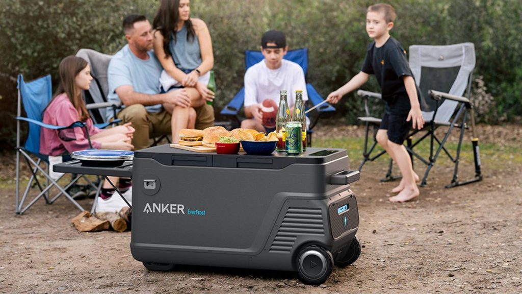 Anker EverFrost Dual-Zone Portable Cooler 50 next to family at campsite, within post for Hiboy EX6 Step-Thru Fat-Tire e-bike