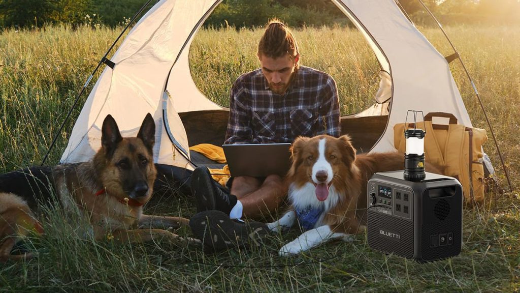 man sitting in tent with two dogs in field, charging laptop with Bluetti AC180 power station, within post of Rad Powers e-bikes