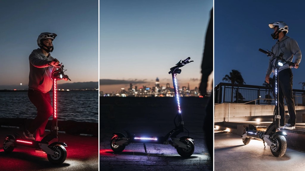 Three different frames with the EVOLV PRO V2 Electric Scooter against the night sky with city skyline in background, within post for Lectric 5-year anniversary sale that has the XPedition Cargo e-bike at $1,399
