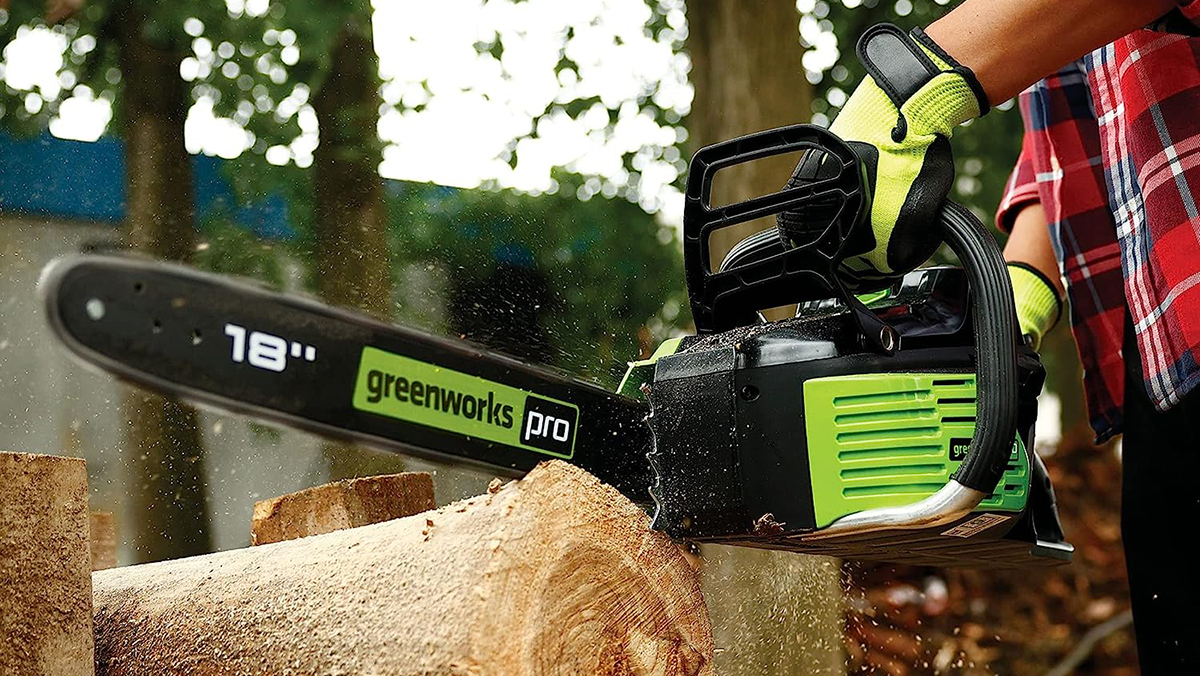 Greenworks 80V 18-inch cordless electric chainsaw within post for Worx Landroid S 20V robotic lawn mower