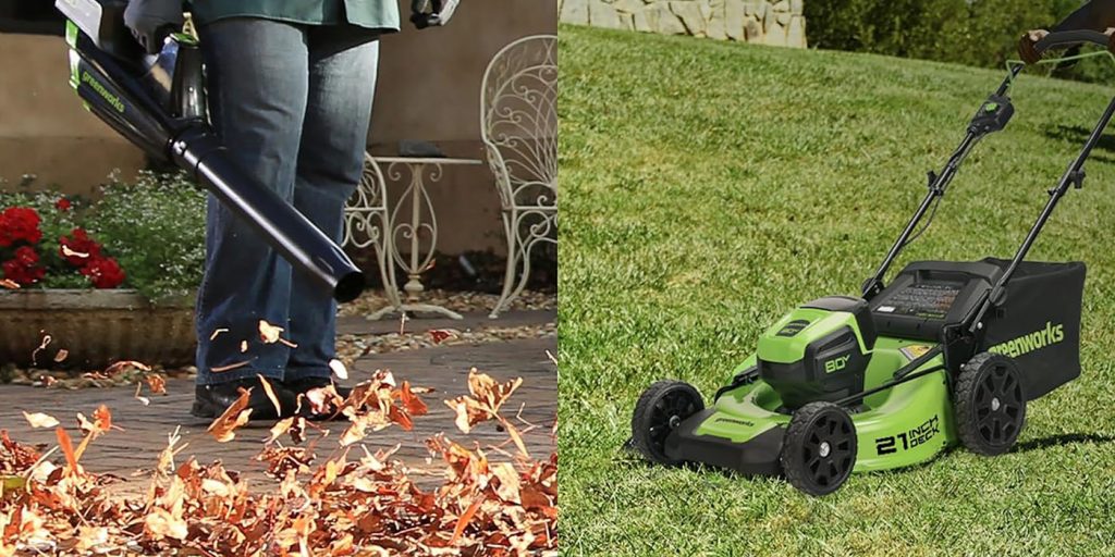 Greenworks 80V 21-inch Cordless Electric Lawn Mower and Axial Leaf Blower Combo within post for Hiboy EX6 Step-Thru Fat-Tire e-bike