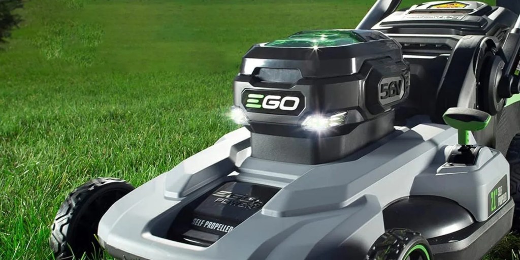 EGO Power+ 56V 21-inch Self-Propelled Cordless Lawn Mower with two 4.0Ah batteries, within post for Bluetti AC200L Portable Power Station with 200W solar panel
