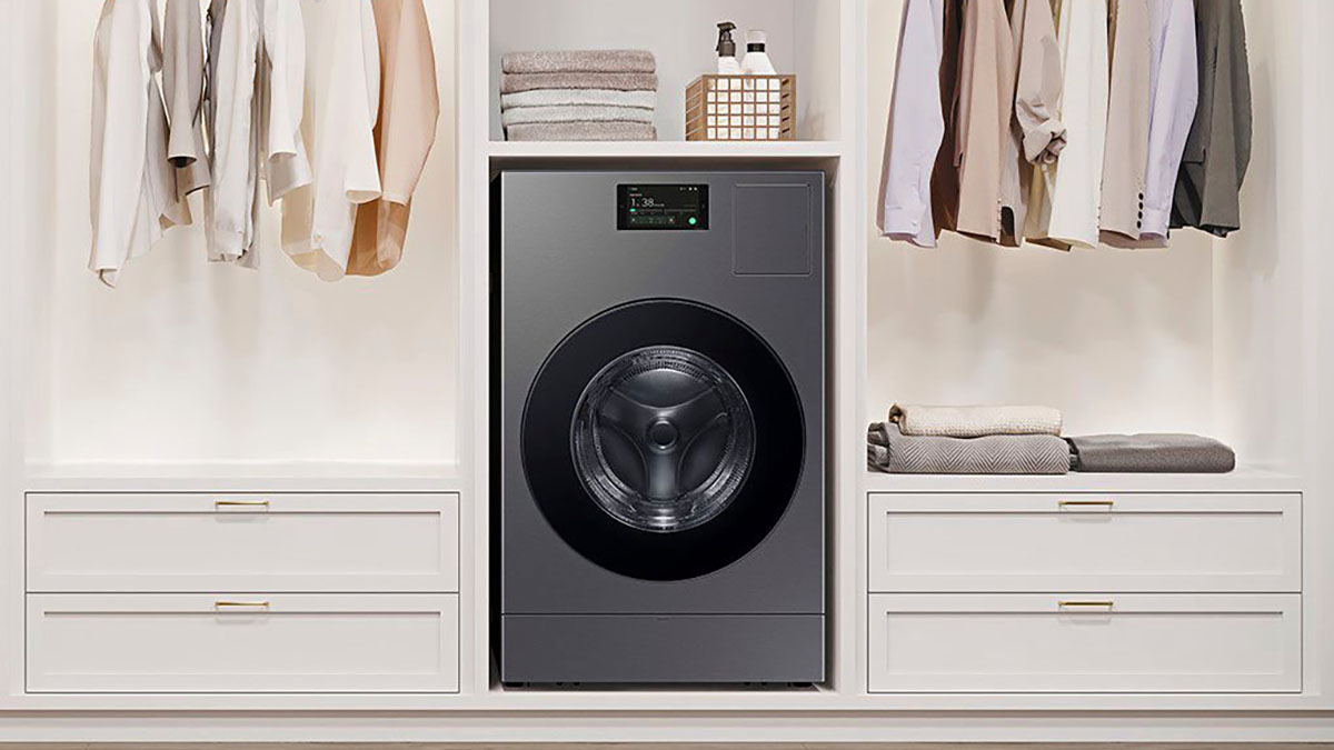 Samsung Bespoke all-in-one smart electric washer and ventless dryer within post for Jackery explorer 240 v2 portable power station