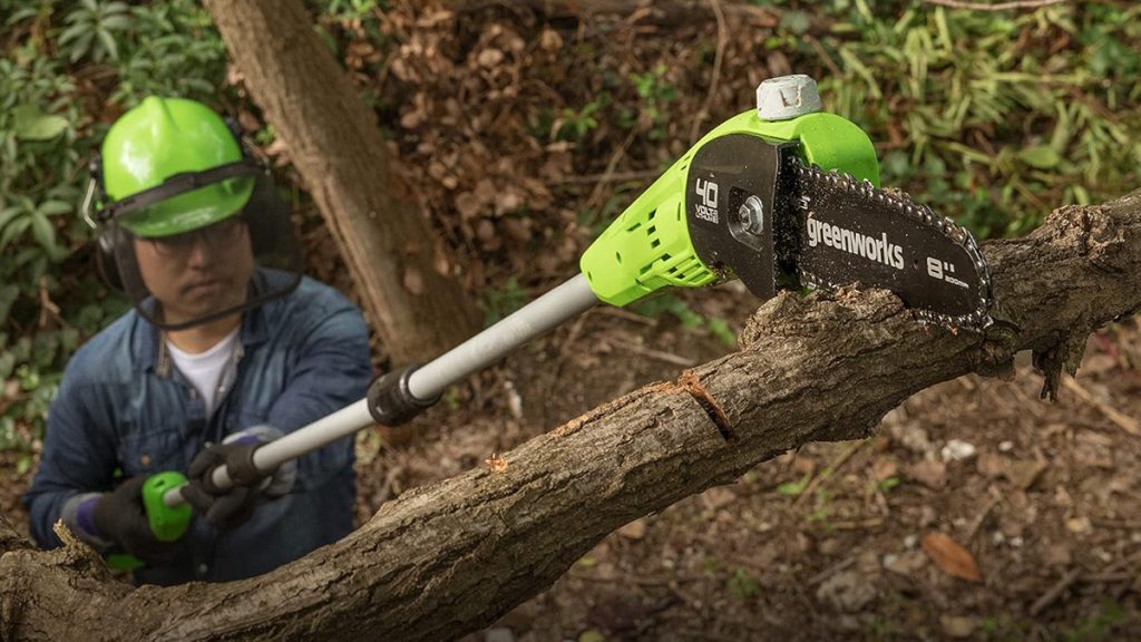 man using greenworks pole saw on tree branch