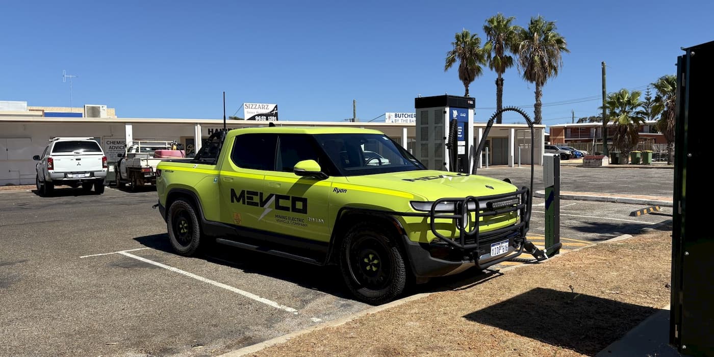 A Rivian R1T EV truck modified for mining operations