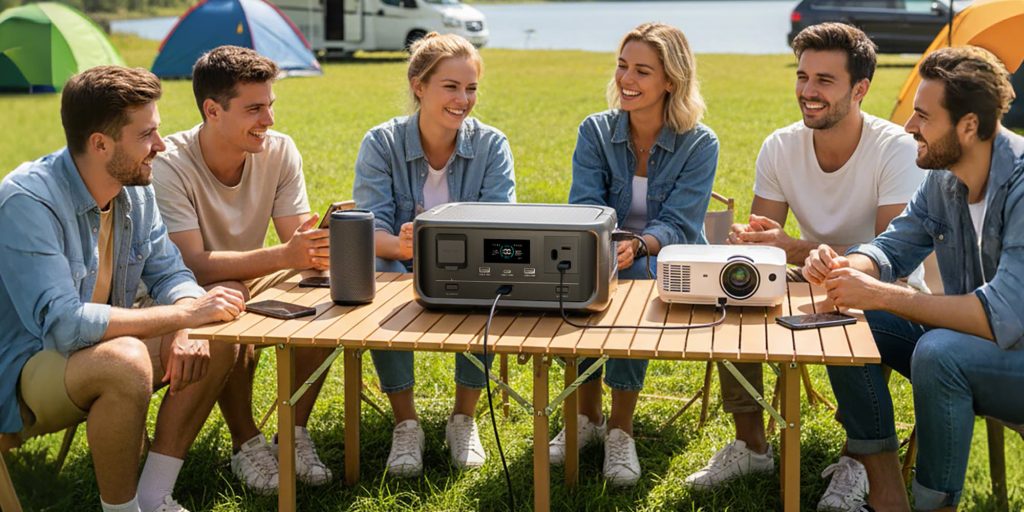 men and women sitting around table at campsite with ALLPOWERS' Volix P300 power station powering projector and speaker