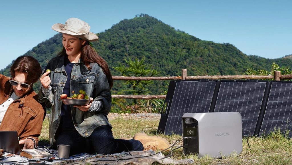 man and woman enjoying picnic with laptop charging from EcoFlow's DELTA 3 Classic power station