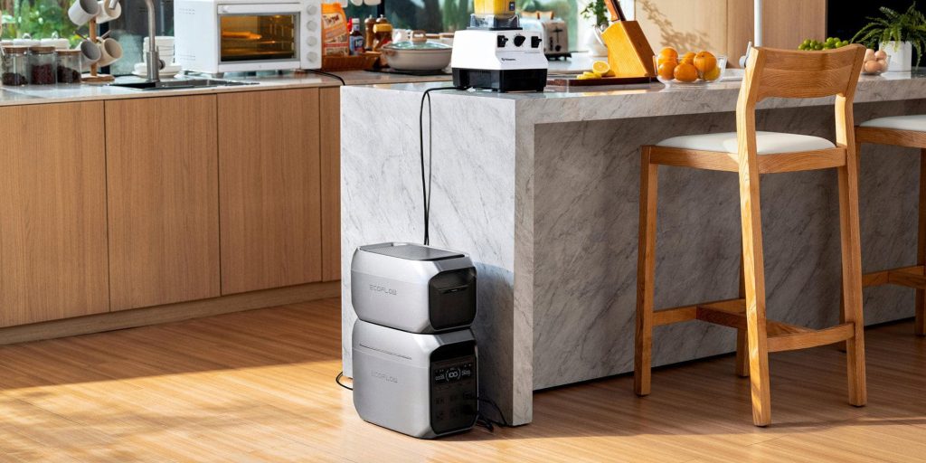 EcoFlow DELTA 3 power station with smart extra battery in kitchen powering blender