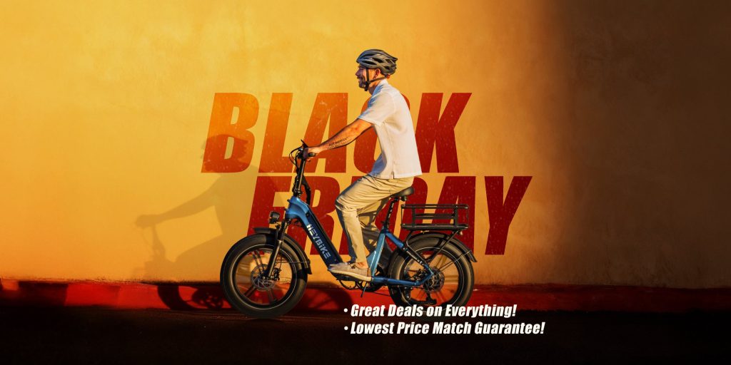 man riding Heybike e-bike in early Black Friday promotional image