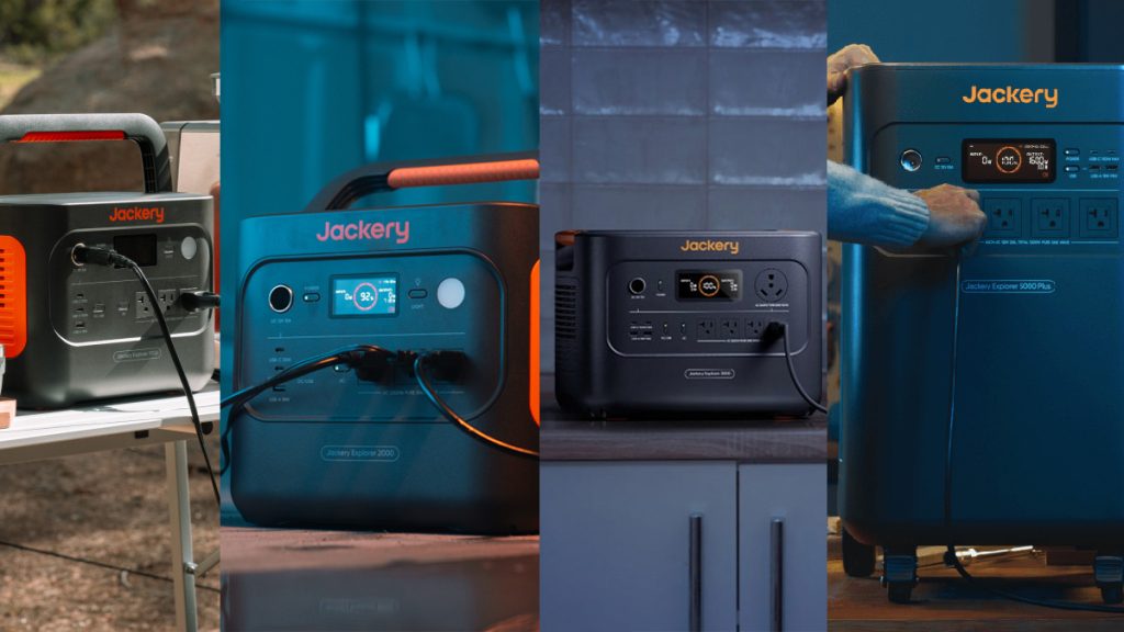 Four Jackery power stations being used to power various devices