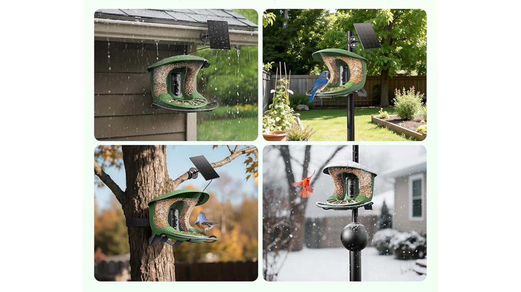 Birdfy smart bird feeder mounted to various objects