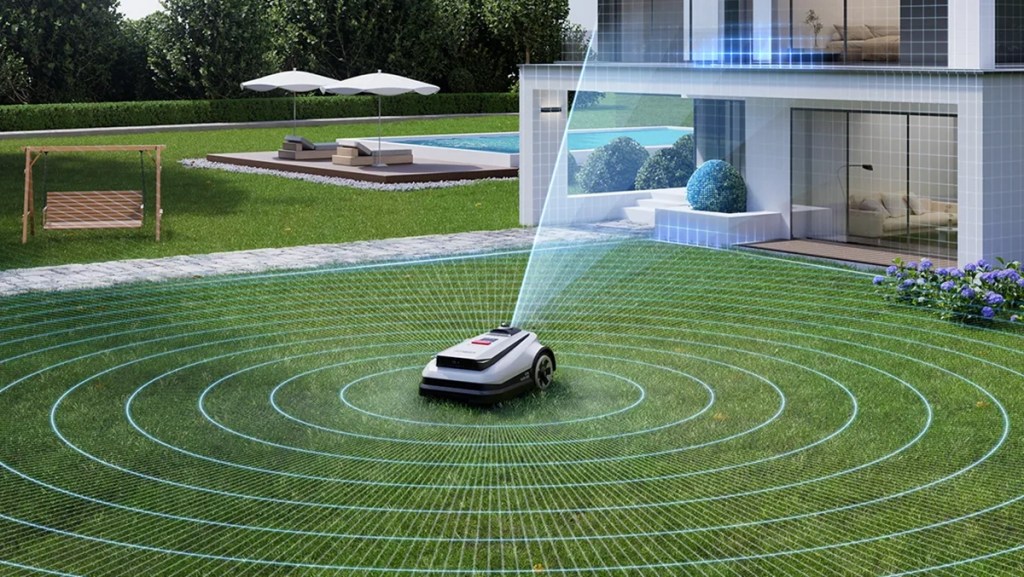 robot lawn mower scanning yard in 360-degrees