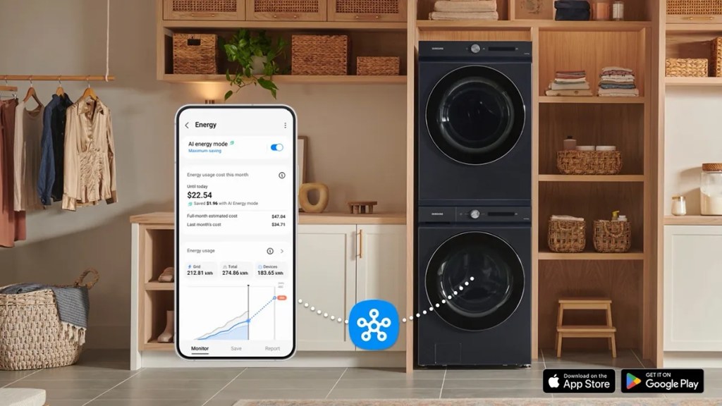 Samsung AI Laundry hub washer and dryer in sunny room 