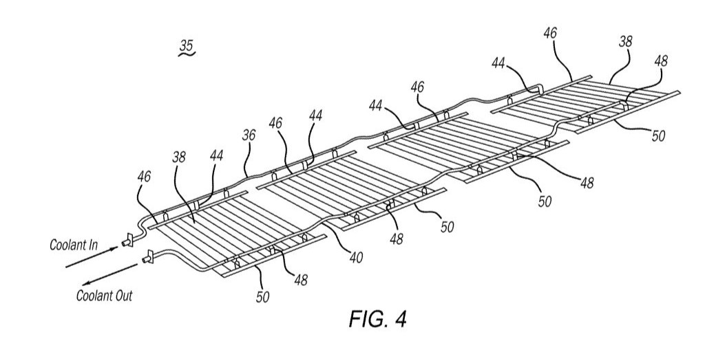 The system is integrated into the existing battery thermal management system, which already circulates coolant (typically a water/glycol mix) through heat sinks under or around the cells to manage normal operating temperatures.

