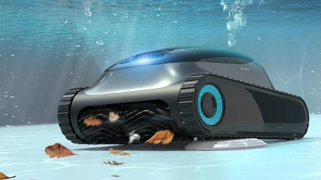 Aiper robot pool cleaner at bottom of pool collecting leaves