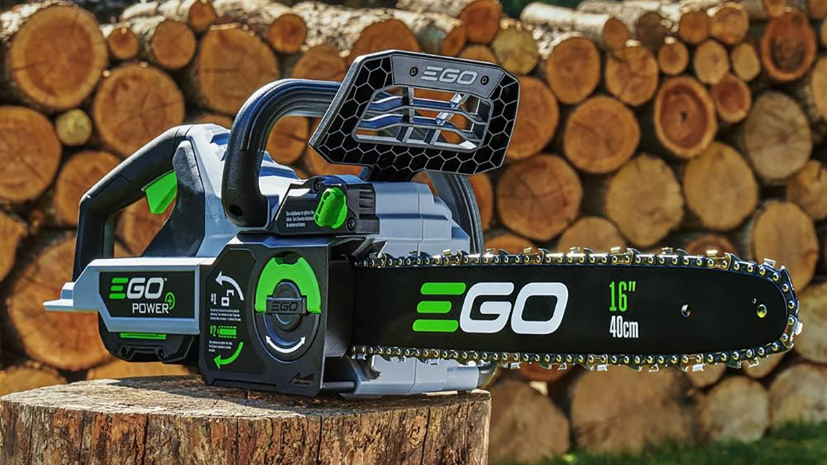 EGO cordless electric chainsaw on stump in front of wood