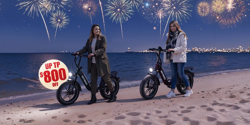 two women on beach with Heybike e-bikes