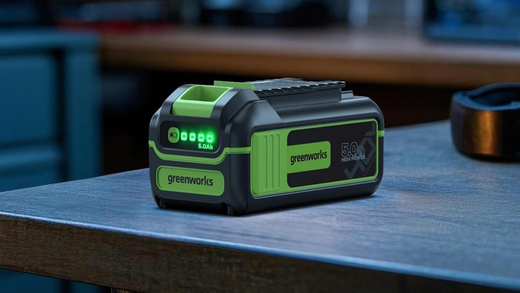 greenworks battery sitting on workshop table