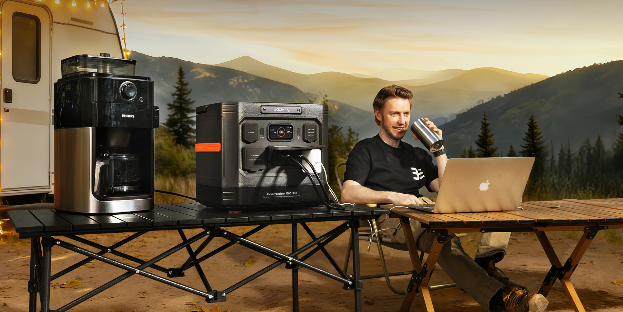 Jackery Explorer 1500 Ultra power station powering coffee maker and laptop while camping