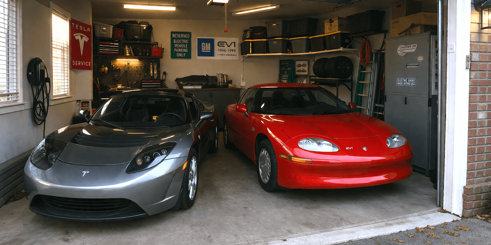 GM EV1 parked next to 1st Gen Tesla Roadster