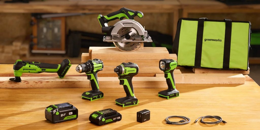 greenworks power tool combo kit on table