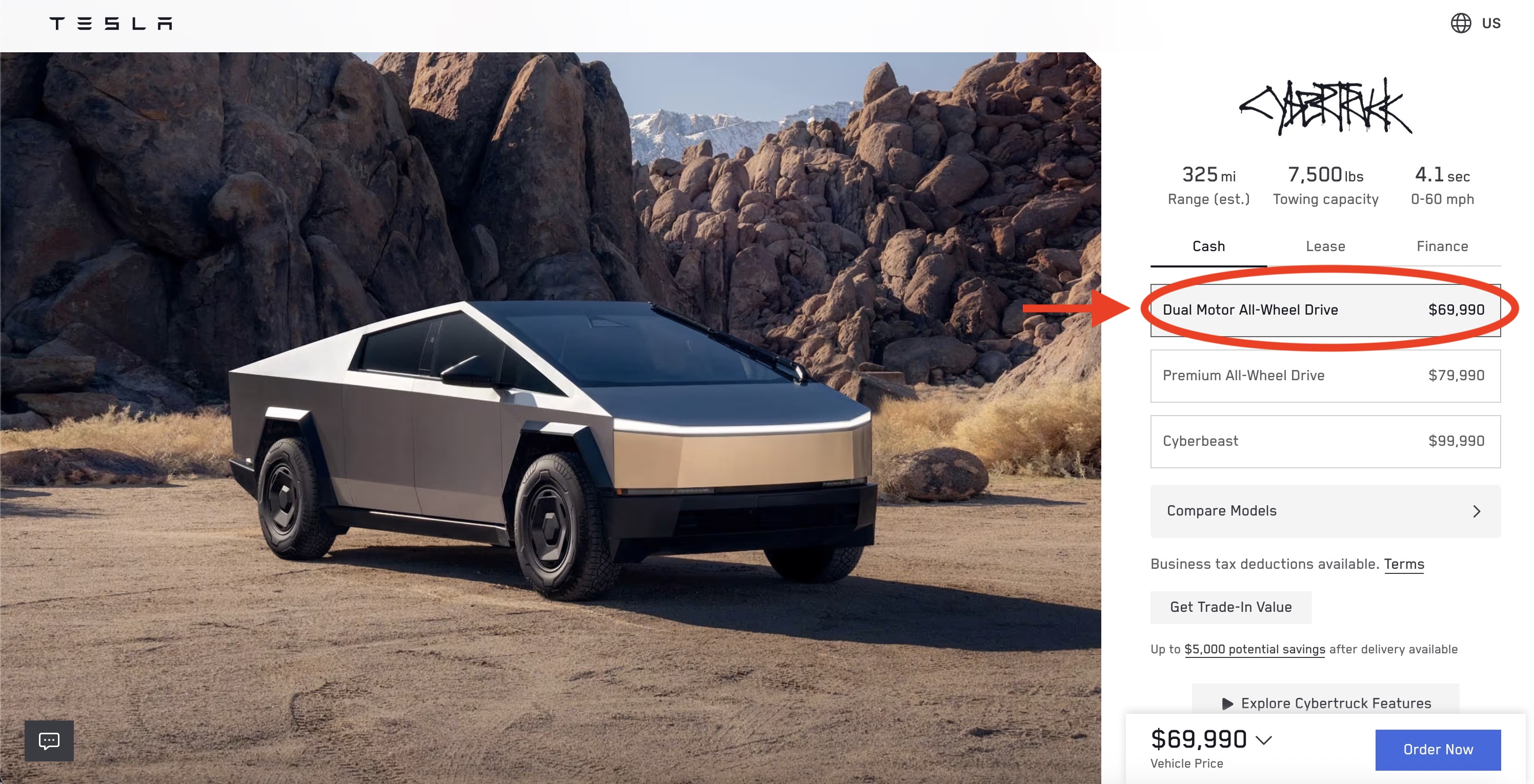 Tesla Cybertruck AWD $70k