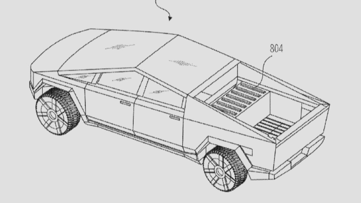 Tesla patent drawing showing a Cybertruck with an auxiliary battery pack mounted in the truck bed