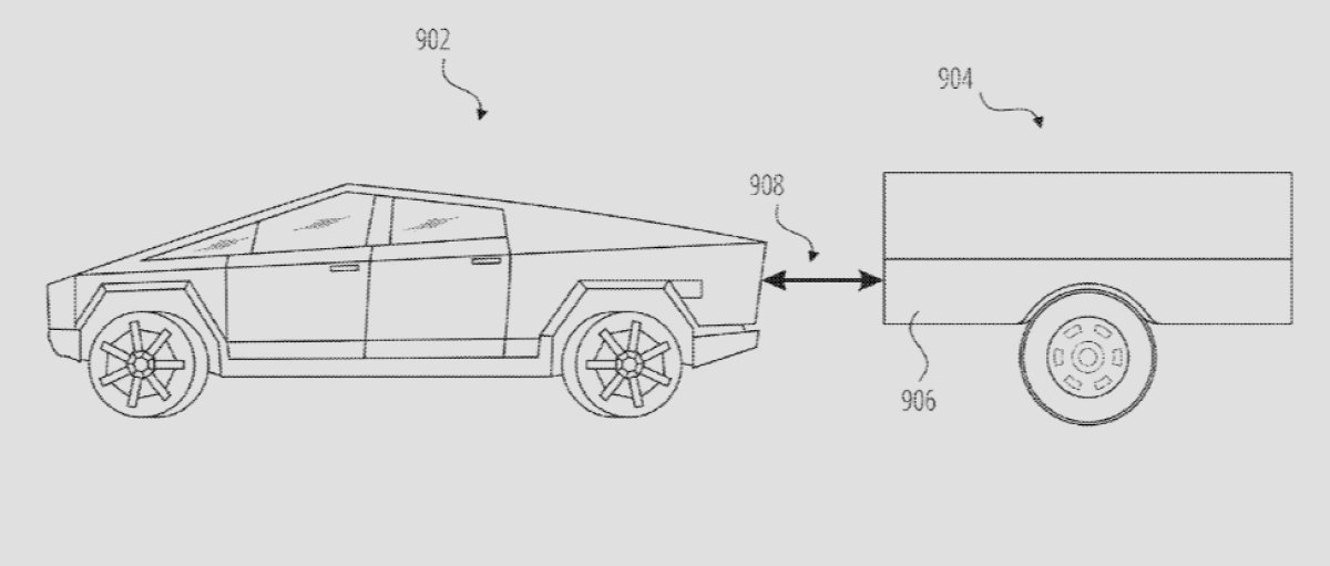 Tesla patent drawing showing a Cybertruck towing a trailer with an auxiliary battery pack for range extension