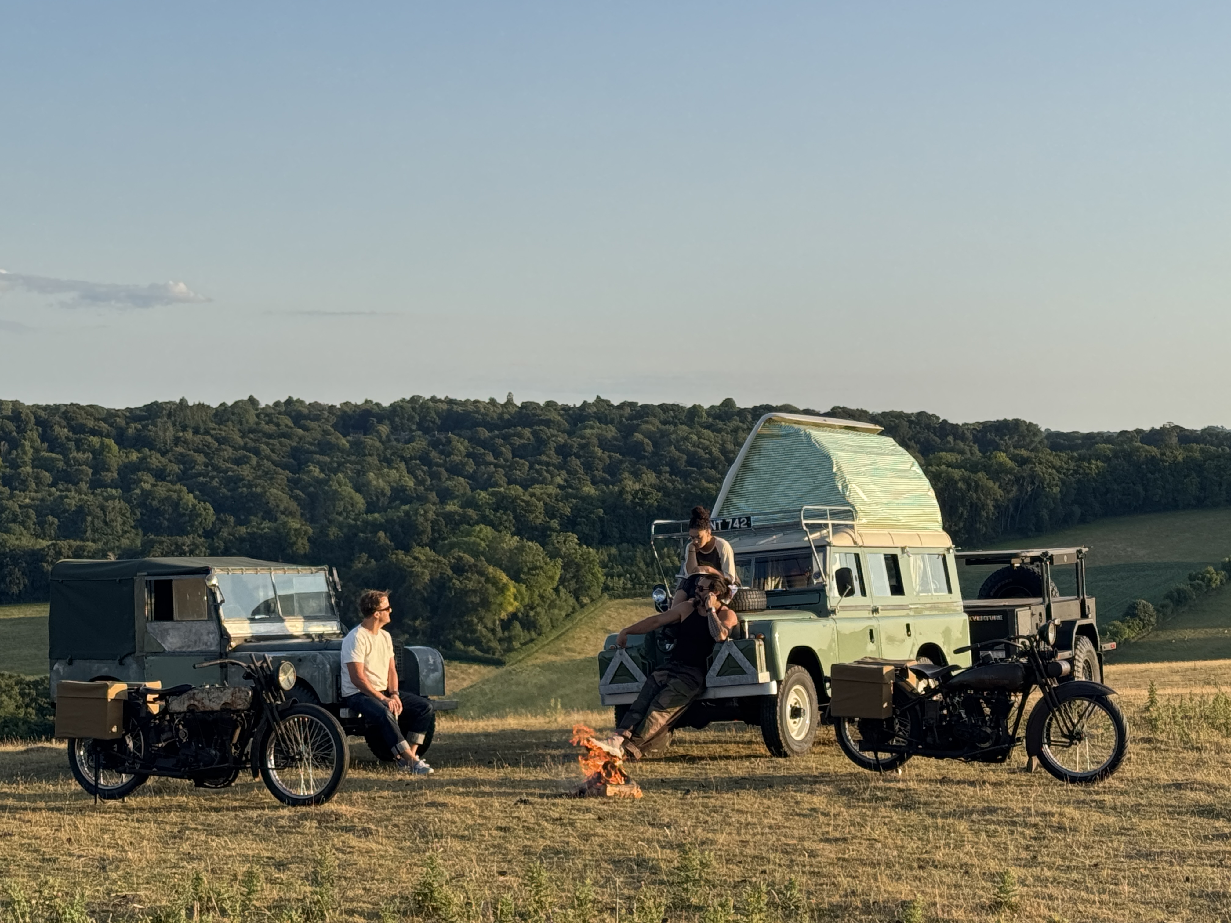 Jason Momoa with his electrified Land Rovers and Harley-Davidsons off-grid in the countryside
