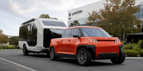 Pebble Flow electric RV towed by TELO’s MINI-sized…
